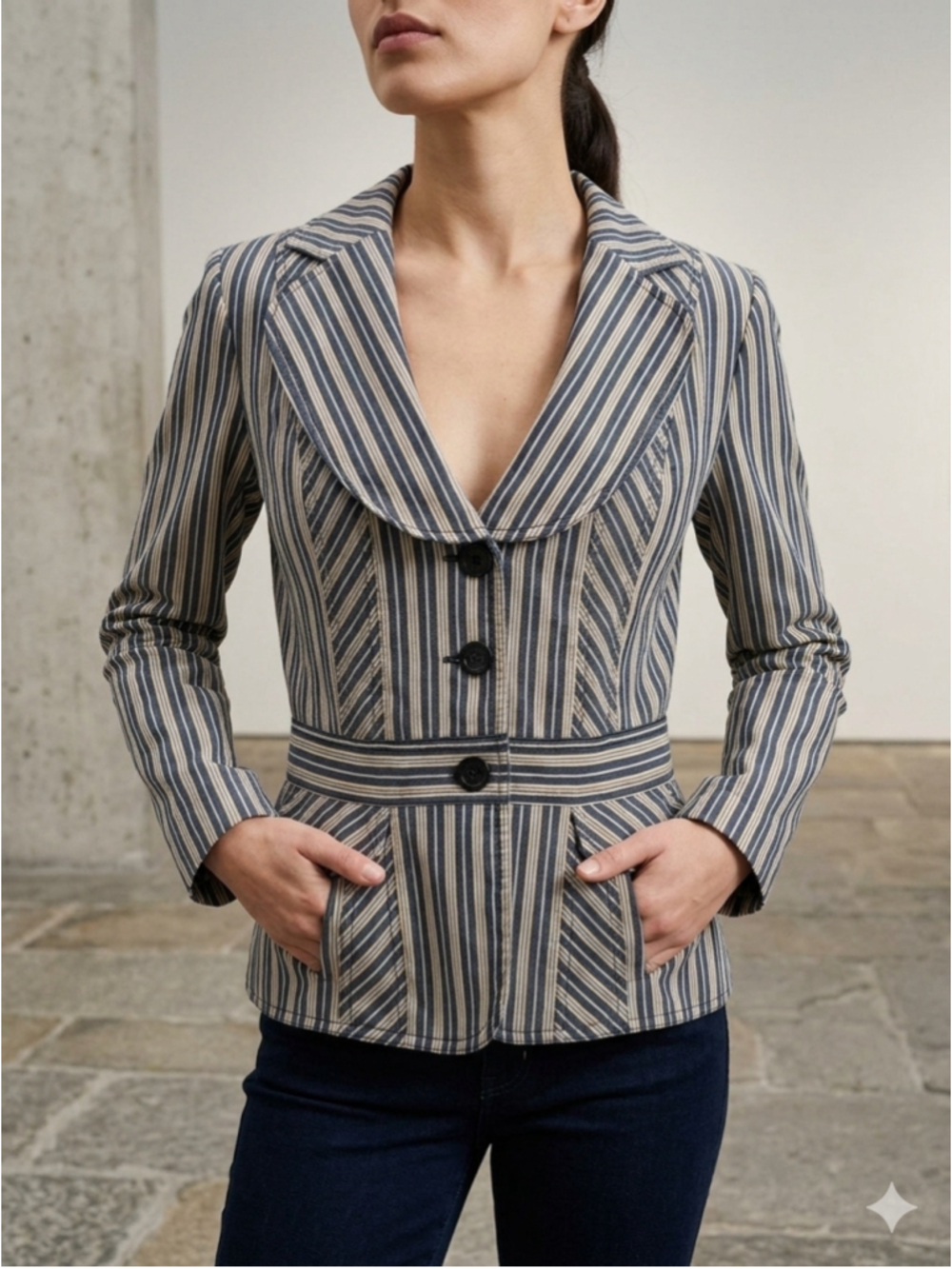 Bianca Nygard Vintage Striped Tailored Blazer Wide Shawl Lapel Waist Band 2077